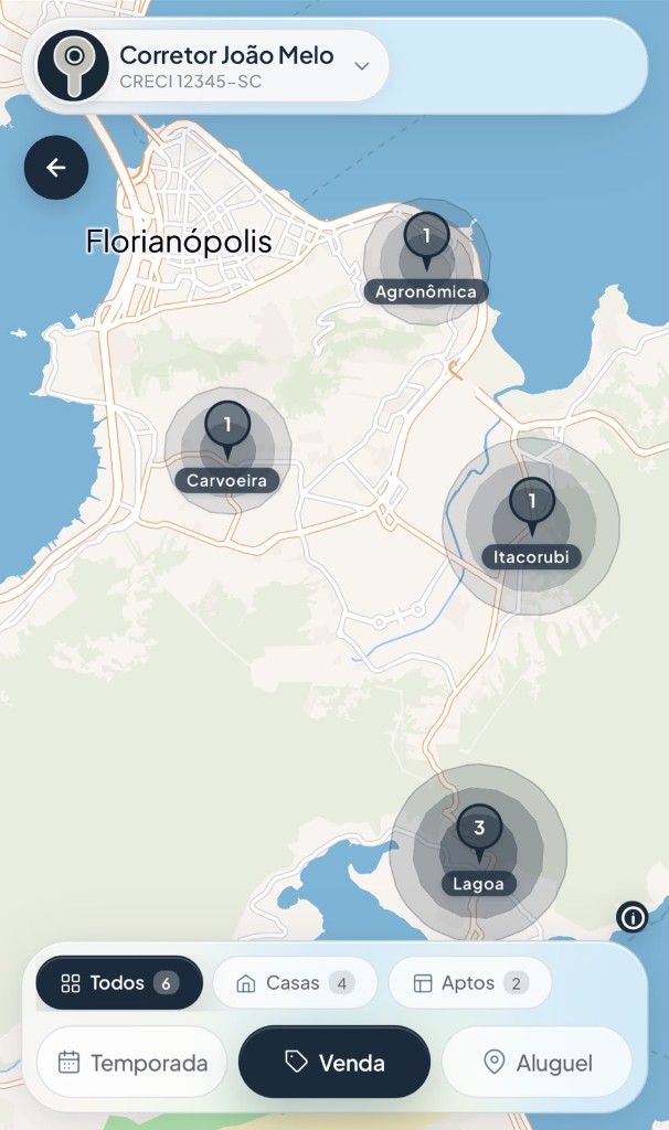 Mapa GetPins no app — filtros e imóveis por região