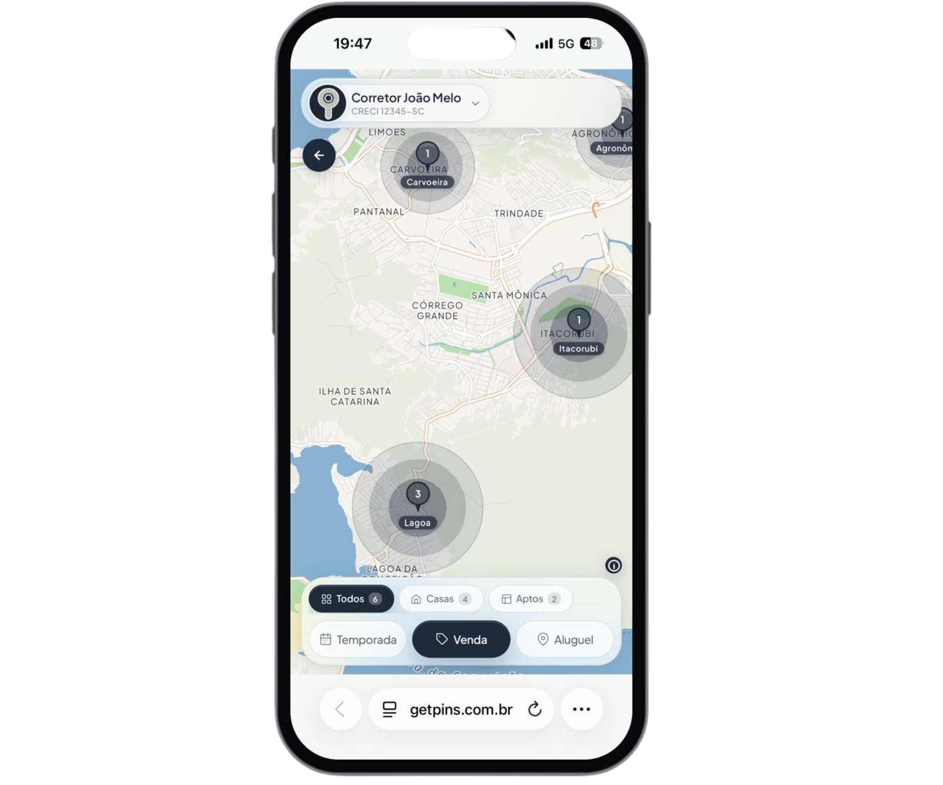 Vitrine GetPins — perfil, redes sociais e mapa